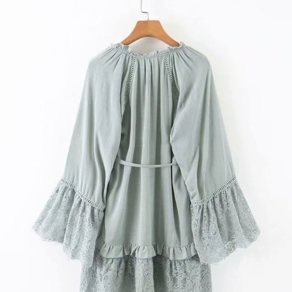 New Boho Lace Mint Floral Long Sleeve Gypsy Dress - Picture 5 of 7